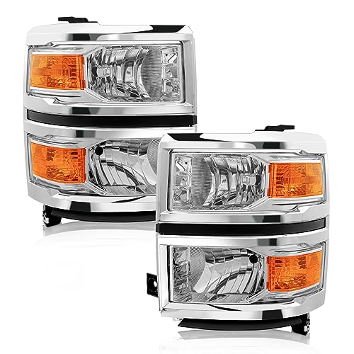 AXLAHA for 2014-2015 Chevy Silverado 1500 Pickup Headlights Assembly Halogen Factory OE Style Chrome Housing Replacement Driver and Passenger Side Pair