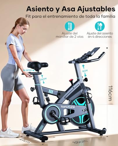 Miniatura 4 de Toputure Bicicleta Estática para casa con Amortiguación Mejorada y APP | Volante 15 kg, Estructura reforzada, Asiento cómodo para largas sesiones, Pulsómetro, Altura 155-195 cm, Máx 160 kg