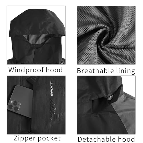 Image of Mens Rain Jacket Waterproof with Hooded Hiking Coat Lightweight Windbreaker | Windproof Mountain Jacket,Multi Zip Pockets Windbreaker,Work,Breathable,Fishing,Active Performance Shell Jackets,Outer Layer