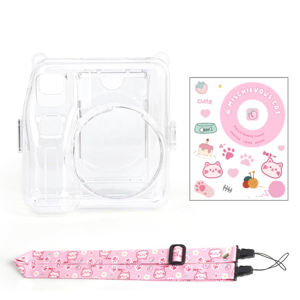 Transparent Camera case Compatible with Fuji-Film Instant Mini SE - Mini SE Camera case, Cute Pattern Shoulder Strap and Pattern Stickers- Pink-image-46