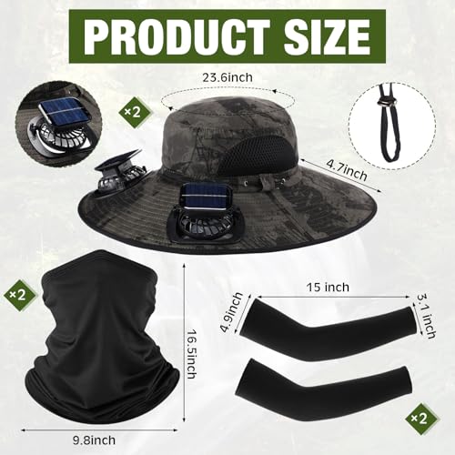 Image of Syhood 2 Set Solar Fan Hats with Neck Gaiters and Arm Sleeves, Wide Brim Fishing Hats for Men Women Outdoor Camping Gardening