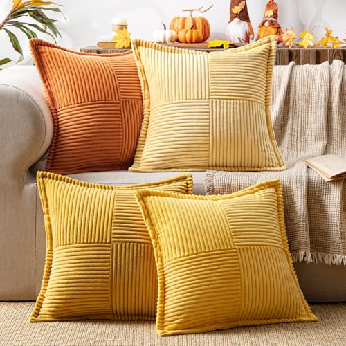 MIULEE 4er Set Kissenbezug 50×50cm Kordsamt Biese Patchwork Orange Serie – Ansicht 1