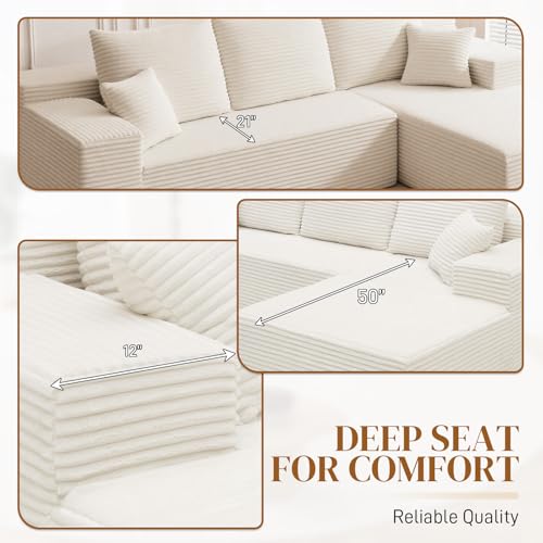 Image of 108 inch L Shaped Boneless Sectional Couches for Living Room, Comfy Corduroy Floor Cloud Sofa with Chaise, Wide Armrest, Deep Seat, Memory Foam, Assembly Free, Ideal for Small Spaces, White