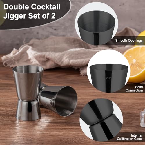 Image of Briout Double Cocktail Jigger Set - 2 Pcs Japanese Premium 304 Food Grade Stainless Steel, 1 OZ 1 /2 OZ, Flat Edge Black