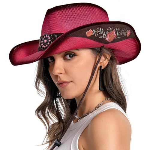 Image of Cowboy Hats for Women, Brown Cowgirl Hats Classic Straw Western Hats for Women Music Festival Party Beach.