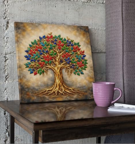Image of Kunj Cart Kalpavriksha Tree Painting | 8+ DESIGNS | Kalpvriksh Tree Wall Painting | Lucky Tree Wall Art For Living Room, Bedroom and Office Decor | Canvas Painting for Wall Decoration (Design - B, 12x12 Inch, Framed)