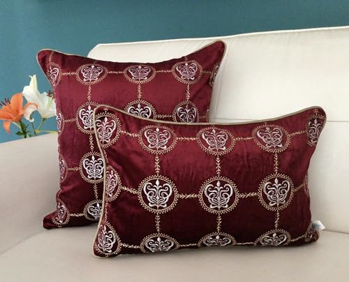 Image of TARA- Sparkling Homes 16 x 16 Inches Zari Embroidered Velvet Cushion Covers, 'Cleopatra' from 'The Royal Collection', Set of 1 (Wine Red, 16 x 16 Inches)