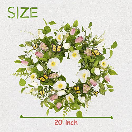 Ynylchmx 20" Spring Flower Wreath With White Flower & Green Eucalyptus Leaves & Butterfly, Artificial Wreath Green Foliage Wreath For Wall Window Farmhouse Party Holiday Home Decor #TOP1