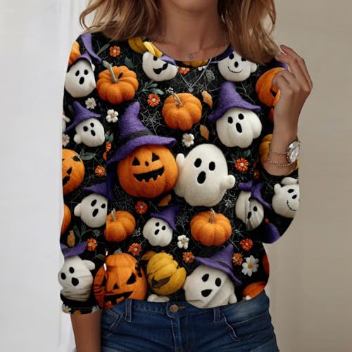 Halloween Shirts for Women Long Sleeve Plus Size Fashion Crewneck Comfortable Tshirts Halloween Costumes for Women