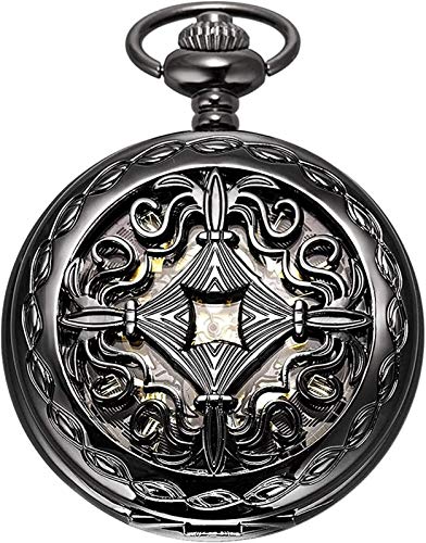 HUAYQ Pocket Watch Mens Womens Pocket Watchs Vintage Black Mechanical Hand Wind Pocket Watch with Chain Watch + Gift Box(Black/Silver) Christmas Thanksgiving Gift