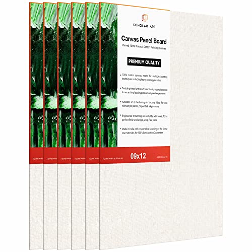 Image of Scholar Art Hobby Series 04 Oz (230 GSM) 100% Cotton Canvas Panel Board for Painting (White Blank Canvas Boards for Acrylic Paint, Oil Paint, Wet & Dry Media) | 09 inchx12 inch (22.5x30 cm), Pack of 6