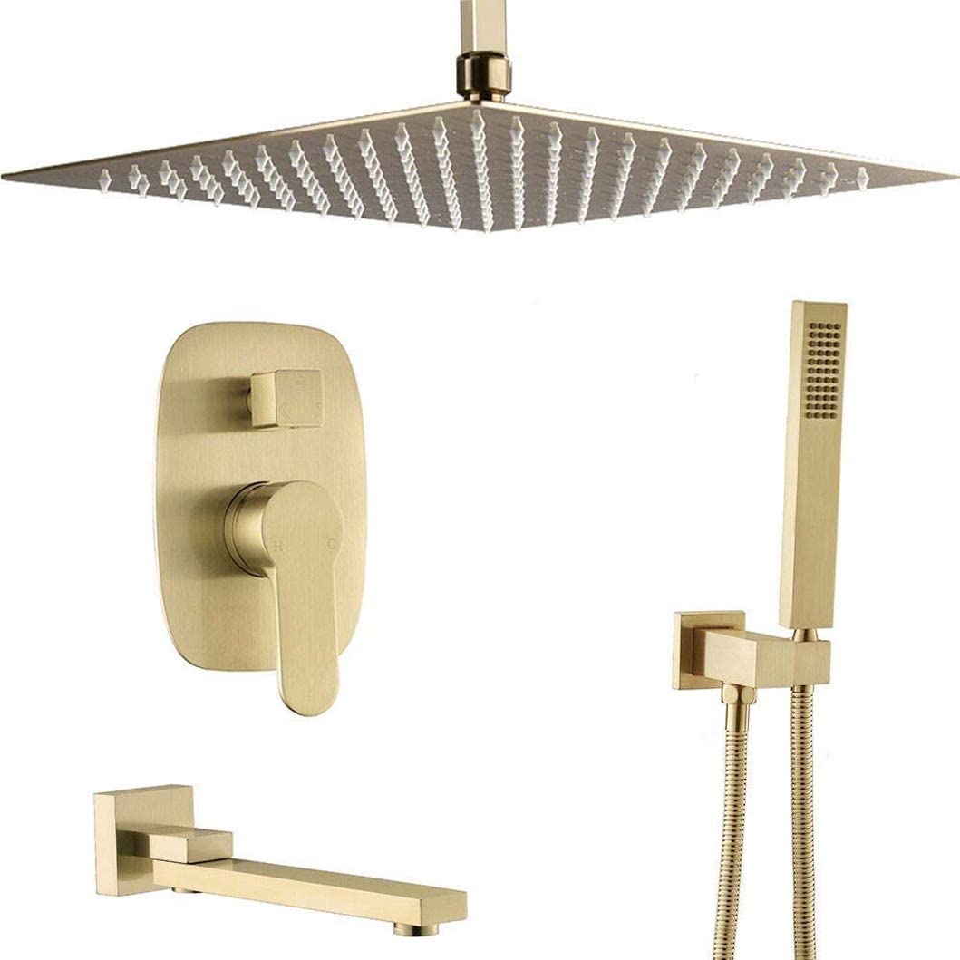 GLJTUO Shower Systems, Bathroom Brass Brushed Gold 10-12 Inch Ceiling Rainfall with Head Handheld Shower Faucet System Mixer Set, Luxury Shower Set,