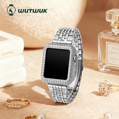 Image of wutwuk Diamond Band with Bling Case Compatible with Apple Watch Bands for Women 45mm, Sparkly Metal Strap with Crystal Protective Bumper for iWatch Series 9 8 7, 45mm Silver