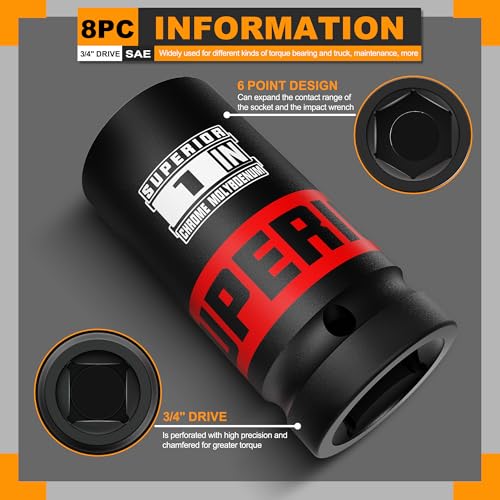 Image of 8 Piece 3 /4 inch Drive Impact Socket Set, 1 inch - 1-1 /2 inch Axle Nut Socket, SAE, 6-Point, Heavy Duty CR-MO, Large Automotive Repairs, Agricultural implement