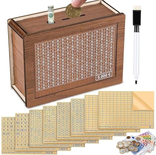 SFSSHUI Spardose Holz, Wiederverwendbare Sparbox Mit Zahlen Ankreuzen, Sparbox Deine 500, 1000, 2000, 3000, 5000, 10000 Euro (8 Stück)