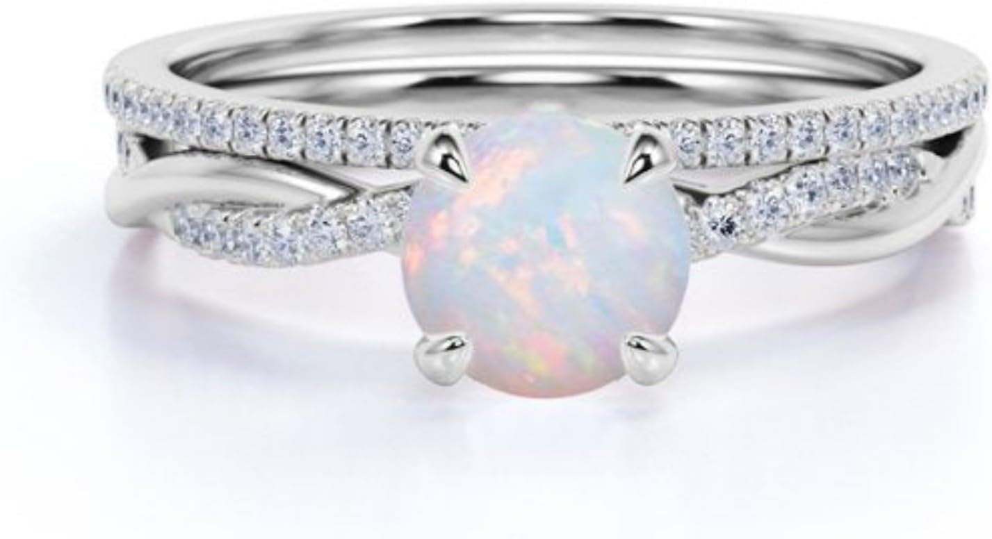 Opal Rings for Women 925 Sterling Silver 10K 14K 18K Opal and Moissanite Engagement Rings for Women Opal Bridal Set Opal Wedding Ring Set Free Engraving