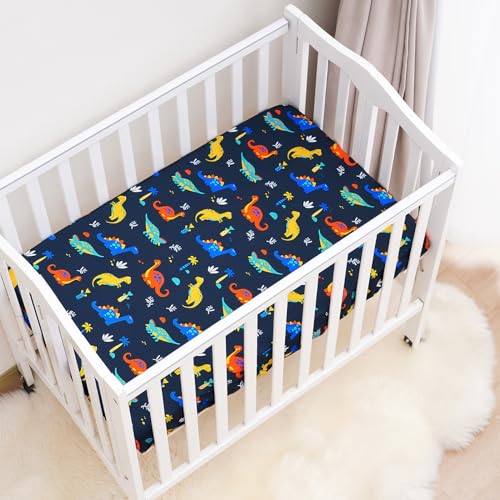 Image of david's kids 3 Pack Mini Crib Sheets, Soft Breathable Premium Pack N Play Sheets for Baby Boys Girls Neutral, Playard and Mini Crib Mattresses, Dinosaur