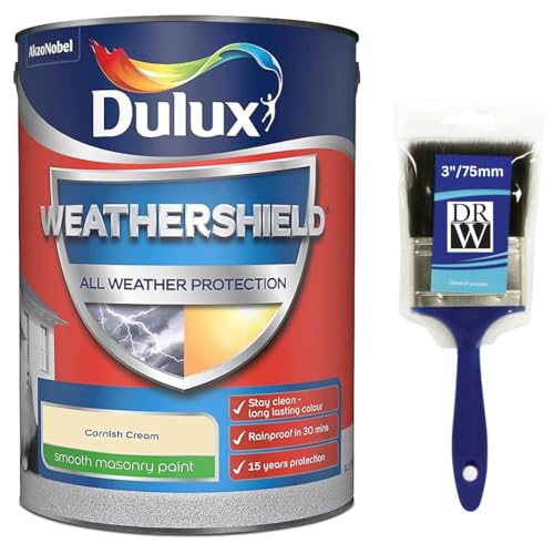 Image of DRW Cornish Cream Weathershield Smooth Masonry Paint 5L + 3" Paint Brush | Exterior Wall Paint | Long Lasting Weather Protection | Smooth Matt Finish for Brick Render Concrete and Stone