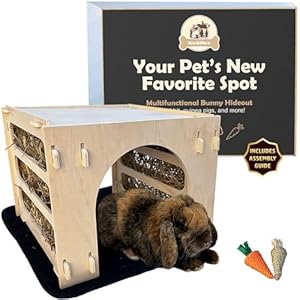 Kiwi&Mora Bunny House Hideout – Rabbit Hideout for Bunnies, Guinea Pigs & Other Pets | Large Indoor Wooden Tunnel Bed with Hay Feeder, Enrichment Toys & Accessories – Easy to Assemble & Clean