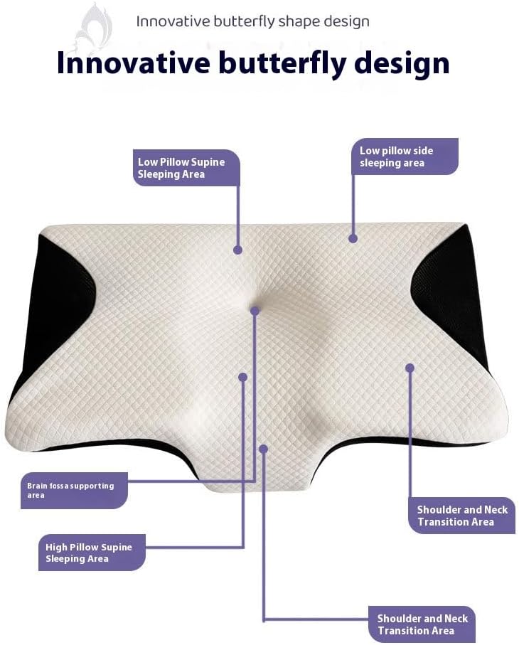 Butterfly-Shaped Memory Foam Neck Pillow, 23.6x13.8x4.5 inches, White and Black, Moderate Support