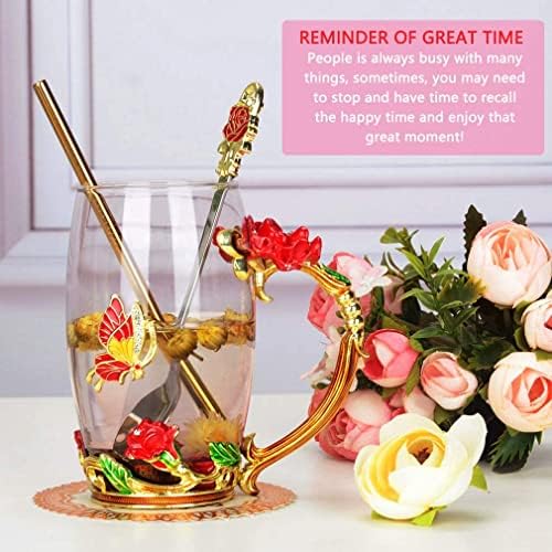 Gift for Women, Handmade Enamel Rose Flower Glass Coffee Mugs Tea Cup with Spoon and Straw Bonus Lucky Key Chain, Birthday Gifts for Her Mum Friends Lovers