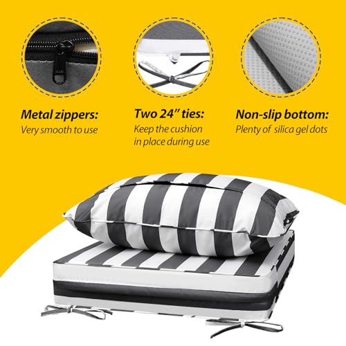 Image of AAAAAcessories Outdoor Seat Cushions for Chairs, Fade-Resistant, Waterproof Patio Furniture Replacement Cushions, 22 inch x 24 inch x 5 inch + 22 inch x 19 inch, Gray Cabana Stripe