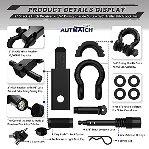 Autmatch Shackle Hitch Receiver 2 Inch - 3/4" D Ring Shackle And 5/8" Trailer Hitch Lock Pin, 45,000 Lbs Break Strength Heavy Duty Receiver Kit For Vehicle Recovery, Matte Black #TOP1