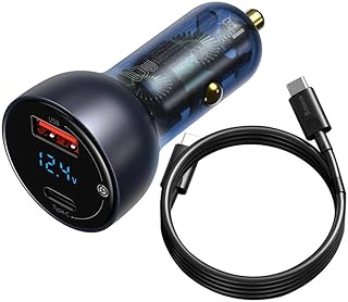 Baseus 65W USB-C Car Charger, Dual-Port Fast Charging, SCP Quick Charge 4.0+ PD 3.0, LCD Screen, Universal for 12V-24V Cars & Trucks, Includes USB-C to USB-C Cable, Compact & Durable – Gray