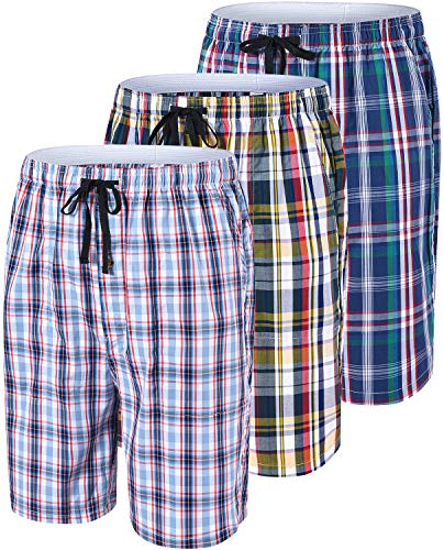 MoFiz Men's Plaid Pajama Shorts 3-Pack Woven Cotton Sleep & Lounge Shorts, Lightweight PJ Bottoms with Pockets & Button Fly
