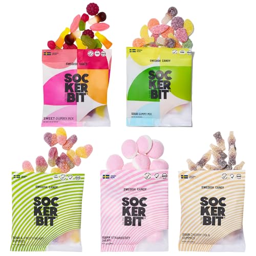 SOCKERBIT Swedish Candy Variety Pack, Sweet & Sour Gummies, 5 Bags 2.82oz
