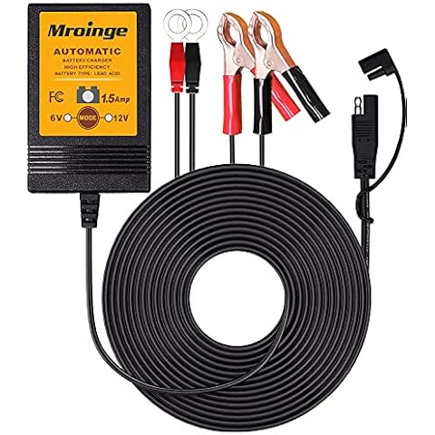 Mroinge MBC015, 6V / 12V 1.5A Fully Automatic Trickle Battery Charger/Maintainer for Automotive Vehicle Motorcycle Lawn Mower ATV RV Powersport Boat, Sealed Deep-Cycle AGM Gel Cell Lead Acid Batteries Cover