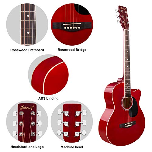 Image of JUAREZ Arpeggio 39 Inch Acoustic Guitar Kit, JRA39SR-RD Spruce Top, Rosewood Fretboard & Bridge, Truss Rod, Chrome Die Cast Machine Tuners, Dark Red