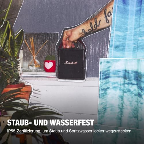 Marshall Stockwell III Tragbarer Bluetooth-Homelautsprecher – True Stereophonic 360°-Sound | Staub- und wasserfest | Über 40 Stunden kabellose Spieldauer | Ladefunktion - Black and Brass