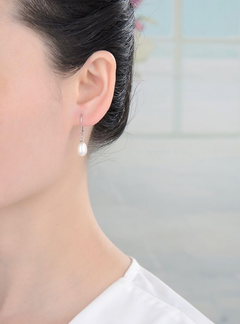 1 Pair Adabele Real Sterling Silver Hypoallergenic Leverback Dangle Baroque Pearl Earrings AAA Grade Freshwater Cultured 9mm Teardrop Organic Gemstone Jewelry PE3-2