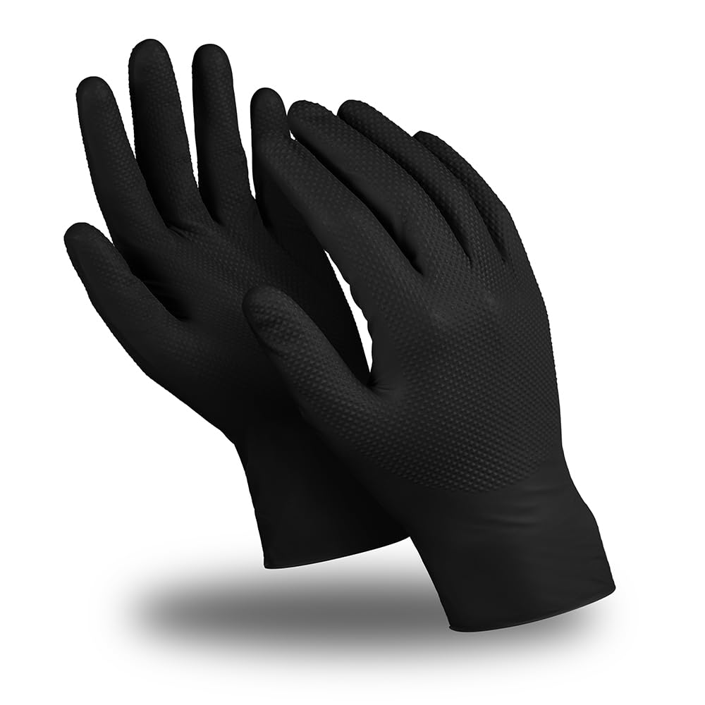 MANIPULA PROTECT Black Nitrile Diamond Grip Gloves Extra Strong Thick Powder & Latex Free Multi-Purpose Mechanic of 50 (200, S / 7)