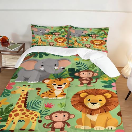 Image of Cute Animal Comforter Set Twin Size Zoo Jungle Bedding Sets for Boys Girls Kids Teens Bedroom Cartoon Elephant Monkey Giraffe Lion Tiger Quilt 1 Comforter 1 Pillowcase
