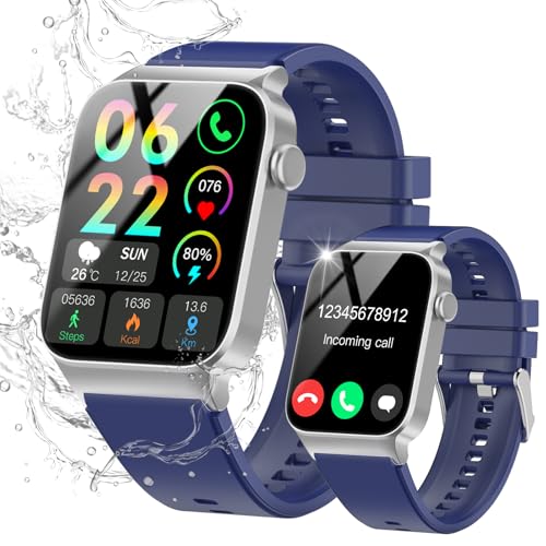 Reloj Inteligente Hombre Mujer, HD Smartwatch con Llamadas Bluetooth, Monitor de Ritmo Cardíaco y Sueño, Pulsera Actividad iOS Android, Azul