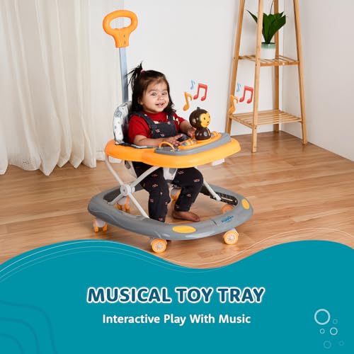 Image of Amazon Brand - Supples Baby Activity Walker with Parental Handle | BIS Certified | 3-Level Height Adjustment, Convertible Toy & Food Tray, Music, 360 Rotating Wheels | for 9+ Months |Grey & Yellow
