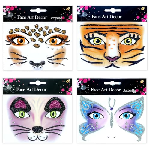 Tatuagens temporárias faciais, 4 peças autocolantes animais rosto roxo, tatuagem facial leopardo, tigre, autocolantes, gato, autocolantes faciais removíveis para festas temáticas, Halloween, carnaval