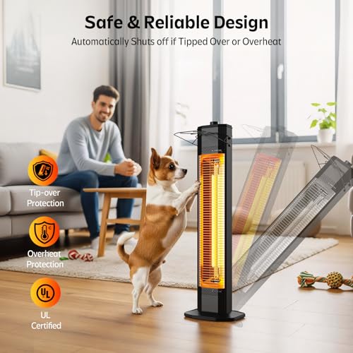 Outdoor Electric Patio Heater, 34-inch 1500W Infrared Tower Heater with Instant Heating, Tip-Over & Overheat Protection, IPX5 Waterproof Space Heater for Patio Garage Workshop Indoor & Outdoor Use