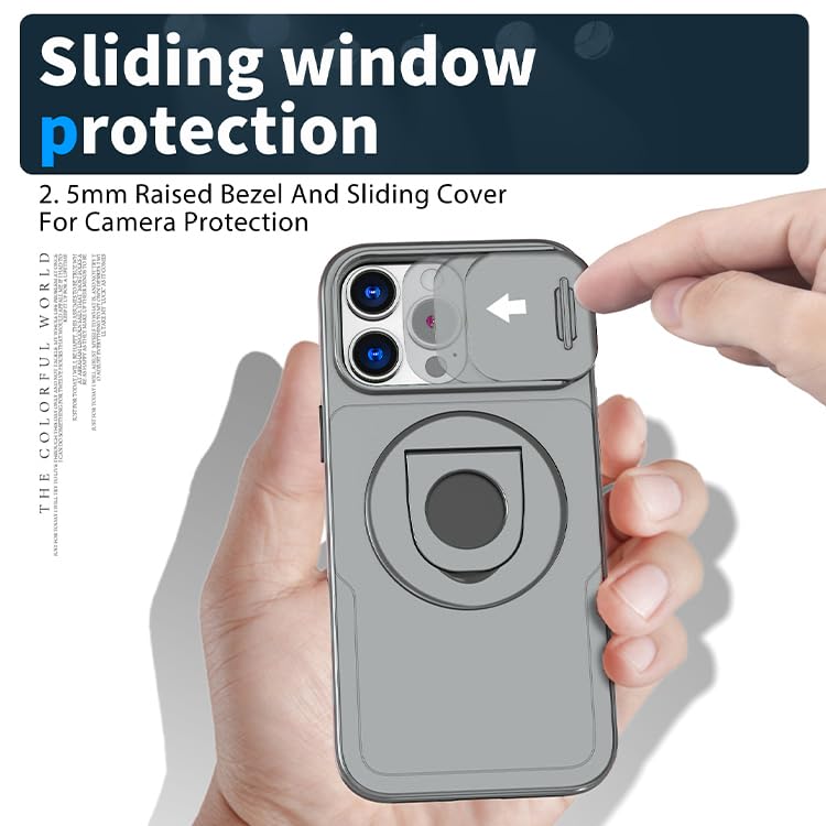 Image of LuxuryKase MagSafe Shockproof Rugged Back Case for iPhone 15 Pro Max | Finger Ring Kickstand & Sliding Camera Cover | Military Drop Protection | Wireless Charging Support - Grey