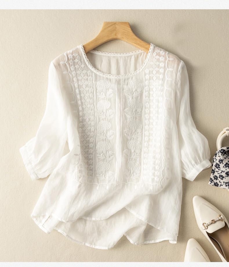Women's Cotton Linen Button Short Sleeve Shirt Loose Summer Casual Crewneck Boho Top Embroidered Blouse Tops2