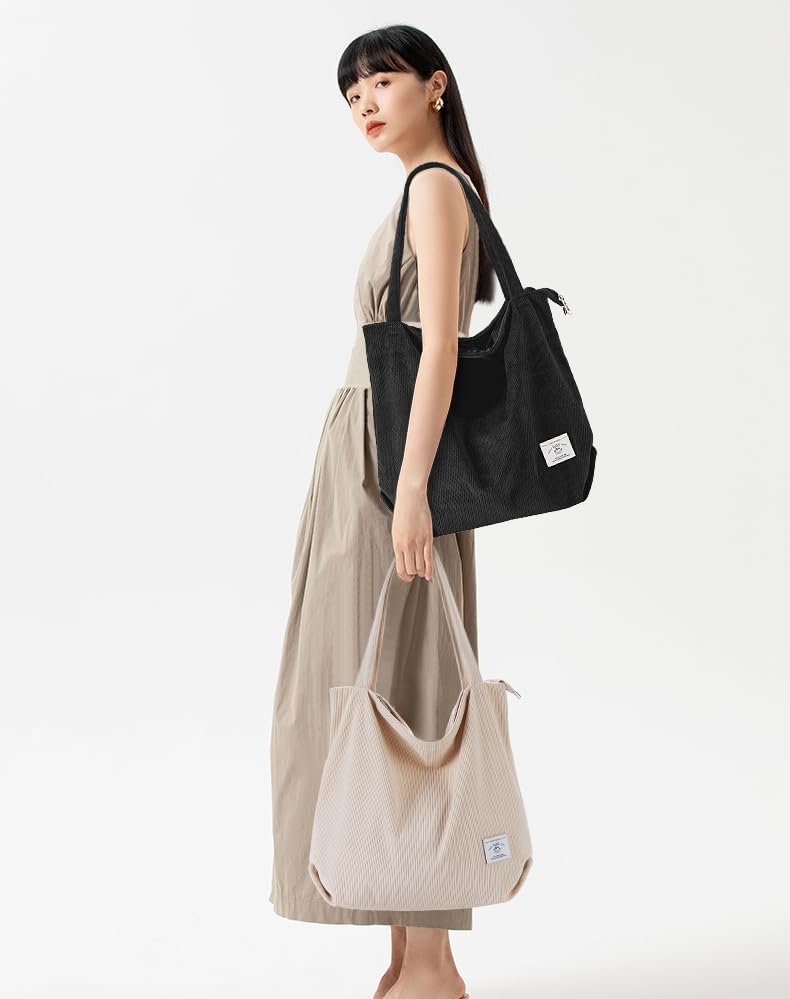 Image of KALIDI Women Corduroy Tote Bag Zipper Casual Tote's Handbag Big Capacity Shoulder Bag with Pockets