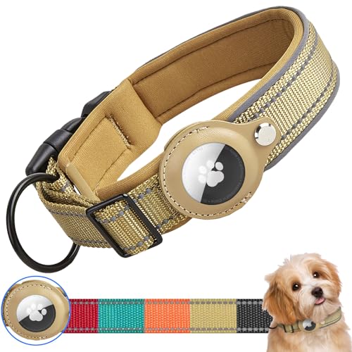 Ledeak Taktisches AirTag Hundehalsband, Wasserdicht Integriertes Apple AirTag Halter Reflektierendes Hunde Halsbänder, Gepolstertes Hundehalsband für Kleine, Mittlere und Große Hunde (Khaki, M)