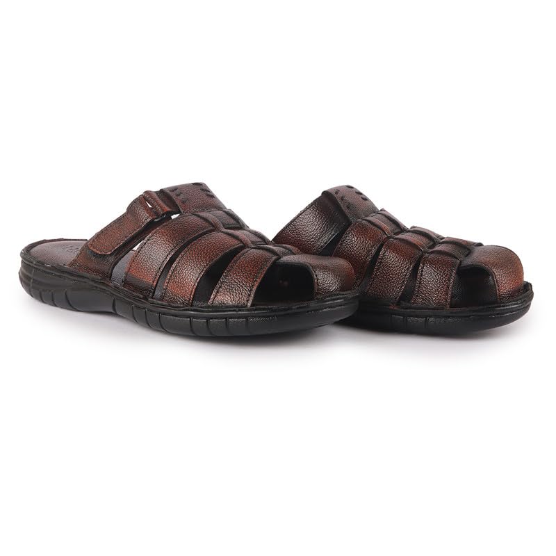 Image of FAUSTO Men Genuine Leather Multi Strap Closed Toe Broad Feet Slip On Slippers with Adjustable Strap | Roman Sandals