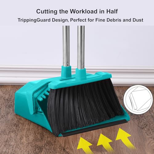 Image of Tiumso Upgrade Broom with Dustpan Combo Set, Broom and Dustpan Set with 51'' Long Handle, Large Upright Brooms and Dust Pans, ZeroGap Lip, Self-Cleaning Dustpan Teeth for Lobby and Restaurant - Blue