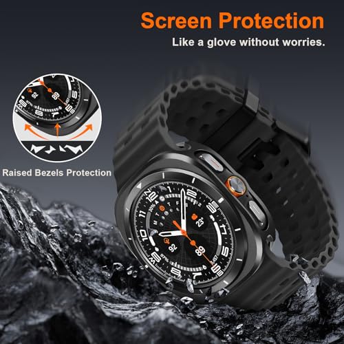 Image of Metal Case Compatible with Samsung Galaxy Watch Ultra /Ultra 2 (2025) 47mm with Back Cover, Rugged Thin Hard Frame Protective Cover for Galaxy Watch 7 /8 Ultra 47mm - Black White