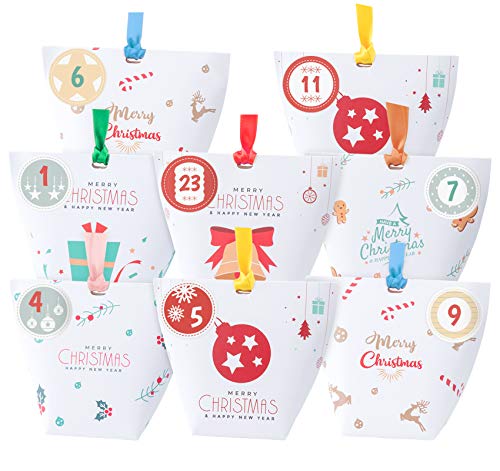 Sweelov Weihnachten Süßigkeiten Taschen Adventskalender zum Befüllen mit 24 Zahlenaufklebern/Bänder Weihnachts-Geschenktüte Weihnachtskalender Box