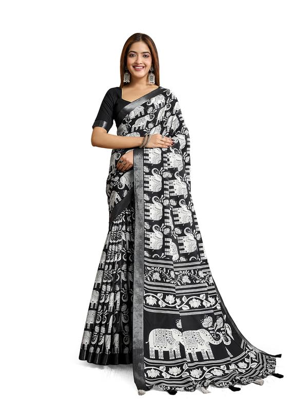 Silk Blend Animal Printed Saree For Women With Unstitched Blouse piece (2C_HATHI)