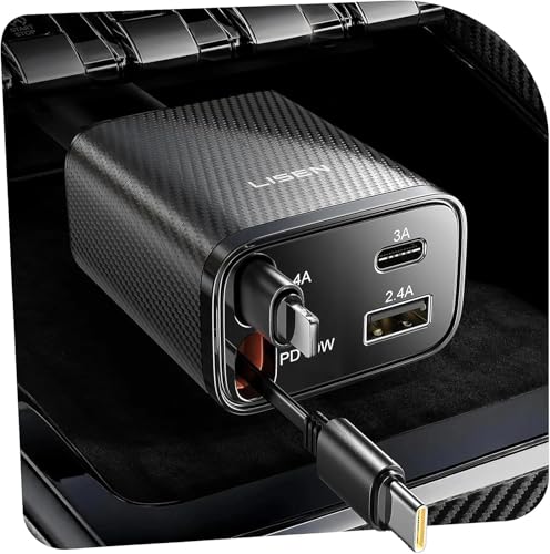 Image of LISEN Retractable Car Charger, 84W Car Charger USB C Fast Charger Adapter, Car Accessories for Men Women, Gifts for Fathers Day for Men Dad Husband, for iPhone 17 16 15 14 13 12 Pro Max, Carbon-Grey
